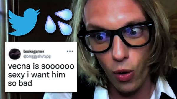 Jamie Campbell Bower makes a shocked face looking at a Tweet reading, "vecna is soooo sexy i want him so bad." Emojis of a Twitter bird and droplets are above it.