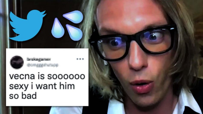 Jamie Campbell Bower makes a shocked face looking at a Tweet reading, 