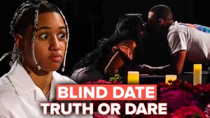 A young woman (left) appears shocked. A blind date pair (right), separated by a table lit with candles, stand over the table to go in for a kiss. Text reading "Blind Date Truth or Dare" appears in the lower center of the frame.