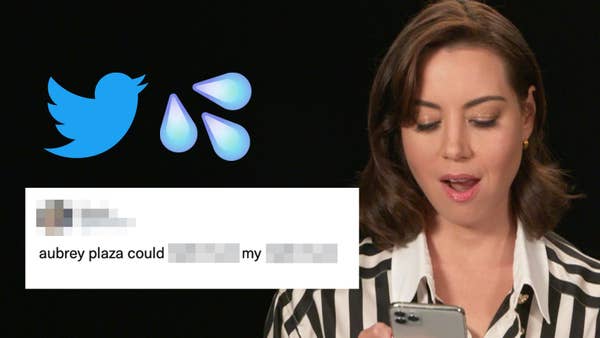 Aubrey Plaza looks down at her phone shocked, with mouth agape. A blown-up Tweet beside her reads, "Aubrey Plaza could blank my blank."