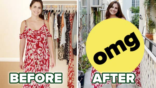 Rachel stands in her baggy dress on the left with the word "Before" and on the right an emoji reading "omg" covers her in a new outfit with the word "After" beneath.