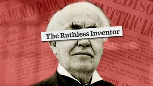 A photo of Thomas Edison with a text box covering his eyes that reads "the ruthless inventor" on a red background