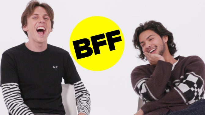 Jacob Bertrand and Xolo Mariduena laugh with the BFF emoji between them.