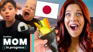 Hannah smiles open-mouthed with the Japan flag and a sushi hand roll mid-screen. On the other side are Jackson and Henry eating food. In the bottom corner is the BuzzFeed Mom in Progress title.