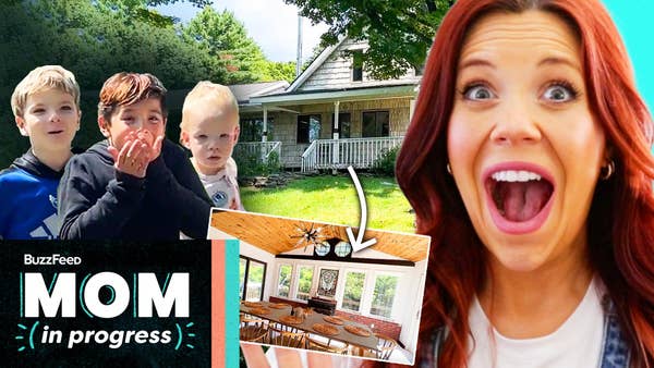 Hannah has an open-mouthed smile with a photo of the finished home beside her and her three boys with shocked looks on their faces beside that. The text reads, "BuzzFeed Mom in Progress."