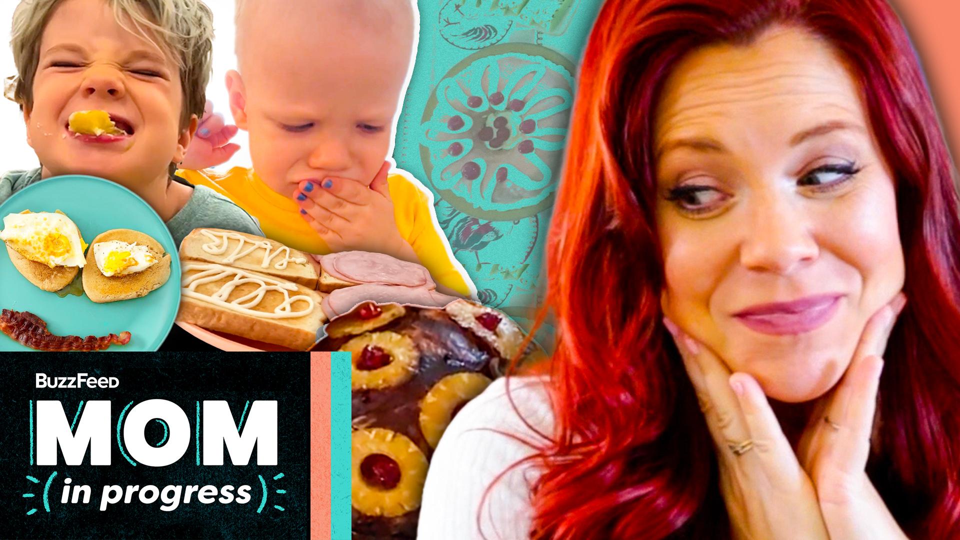 Hannah smirks. Wyatt has food in his mouth and Henry has a hand on his mouth. There are plates with pancakes, eggs and bacon as well as a ham sandwich next to an image of a pineapple ring-covered ham. The text reads, "BuzzFeed Mom in Progress."