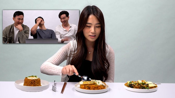 A woman judges three kimchi fried rice dishes as three guys react behind her