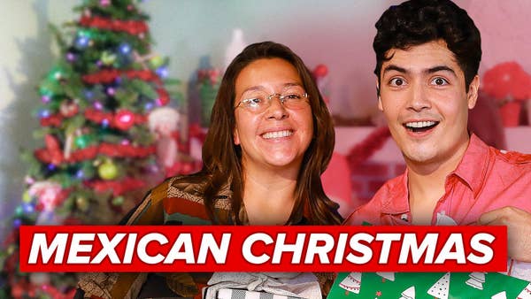 Desiree and Chriz smile at the camera with "MEXICAN CHRISTMAS" text in front of them. 