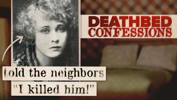 Image of hand holding miniature bed and Deathbed Confessions banner in lower left corner and a picture of William Desmond Taylor in right corner