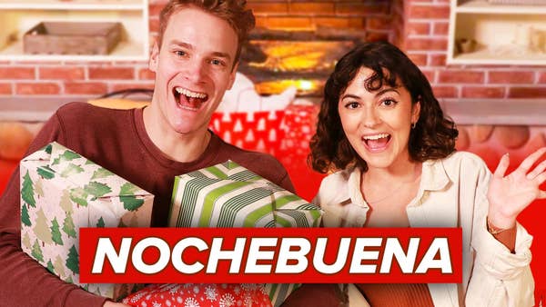 Tucker and Carolina smile at the camera behind text that reads "Nochebuena"