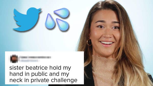 Kristina Tonteri-Young grins in front of a Tweet reading, "sister beatrice hold my hand in public and my neck in private challenge".