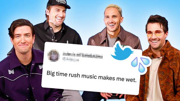 The members of Big Time Rush - Kendall, Logan, Carlos, and James - laugh at a pop up of a thirst tweet that says "Big time rush music makes me wet"