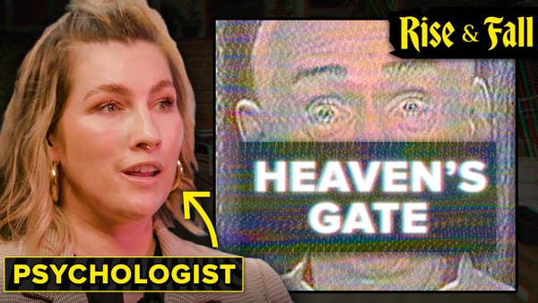 The clinical psychologist speaks on the left with the word, "Psychologist" pointing to her and a picture of Marshall Applewhite is behind the text, "Heaven's Gate."