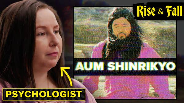 Natalie Fienblatt sits with the text, "Psychologist," pointing at her. Cult leader Shoko Asahara is bearded to the right with the text, "Aum Shinrikyo," and "Rise & Fall" over him.