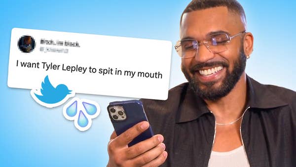 Tyler Lepley smiles at a tweet that reads, "I want Tyler Lepley to spit in my mouth"