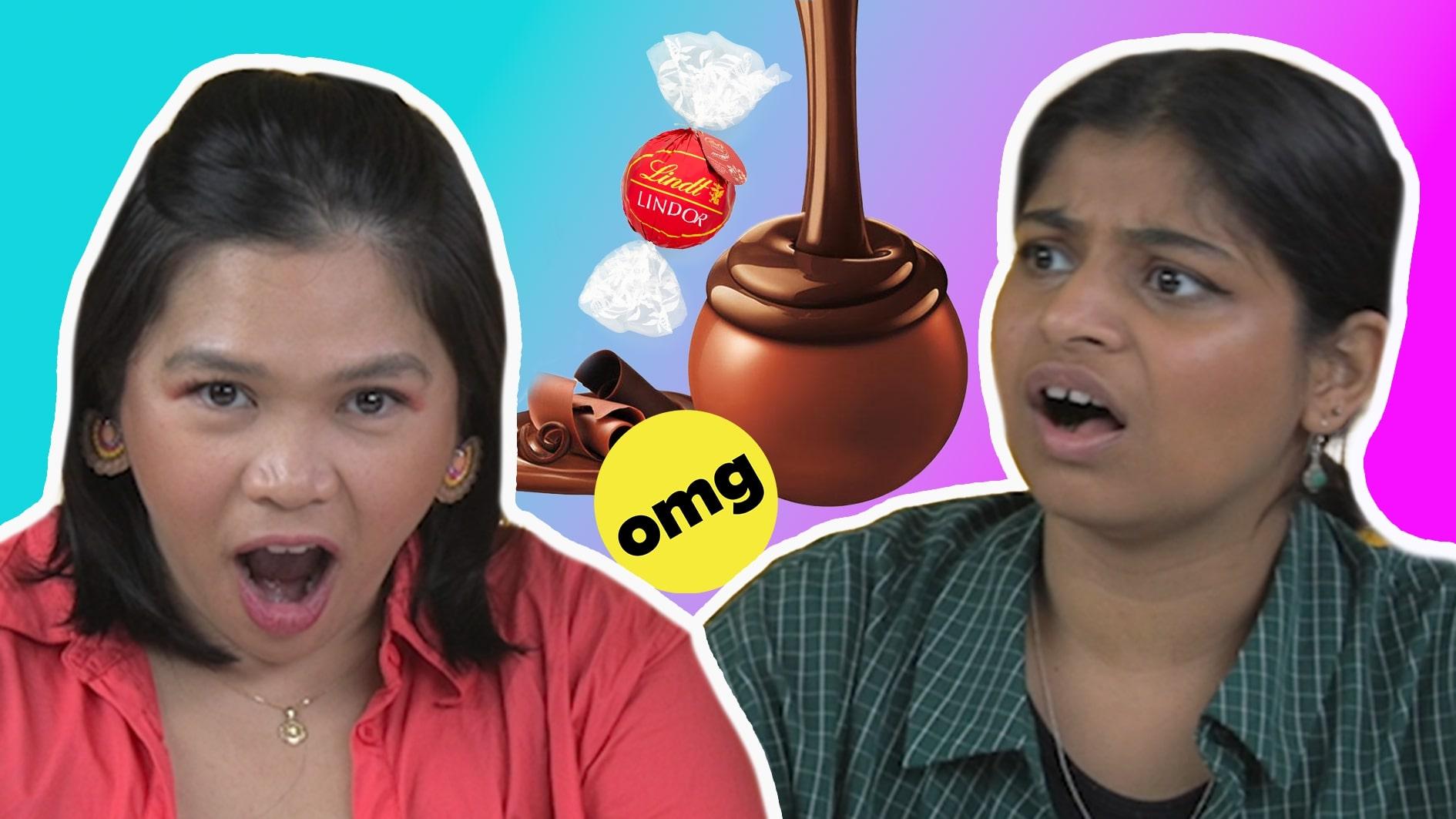 Rizcel mouth open, Sybil looking annoyed, Lindt chocolate and OMG