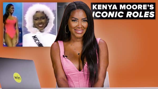 Kenya Moore smiles in a pink dress with images of her in the Miss USA pageant behind her. Text reads, "Kenya Moore's Iconic Roles."