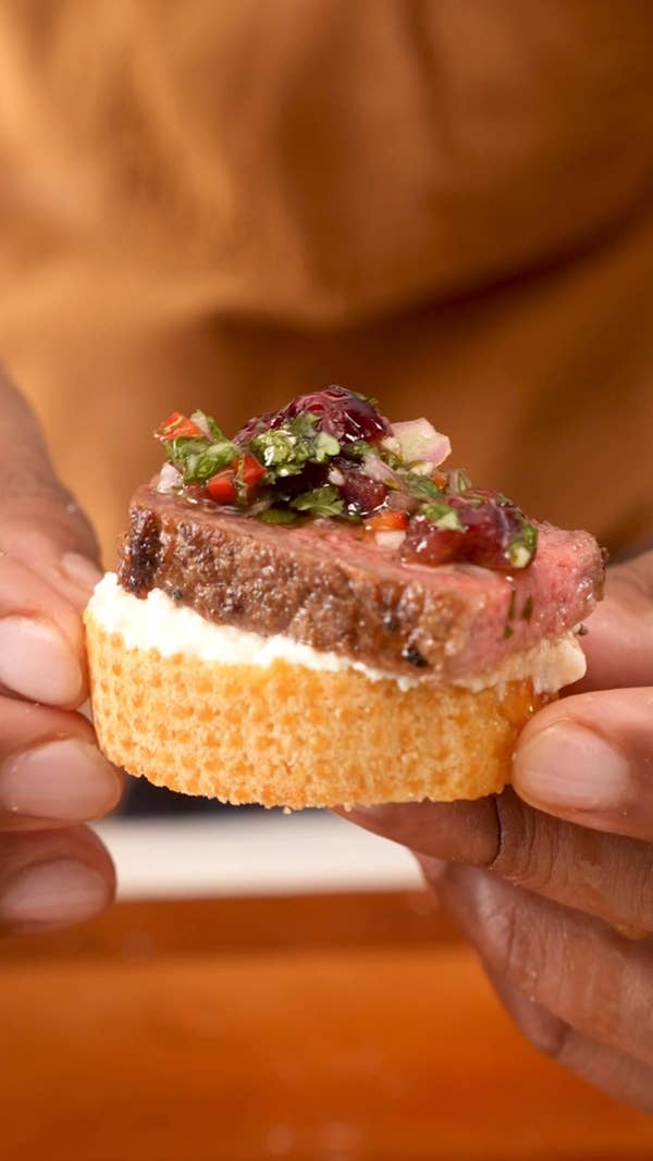 Steak Crostini With Ricotta And Cranberry Chimichurri