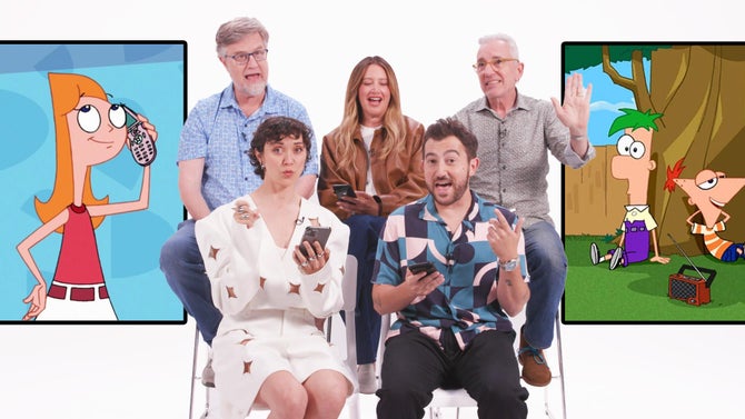The cast of Phineas and Ferb sit together reacting to their quiz questions. 