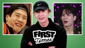 Jackson Wang sits in between old photos of himself making funny faces. The title reads, "First Times."