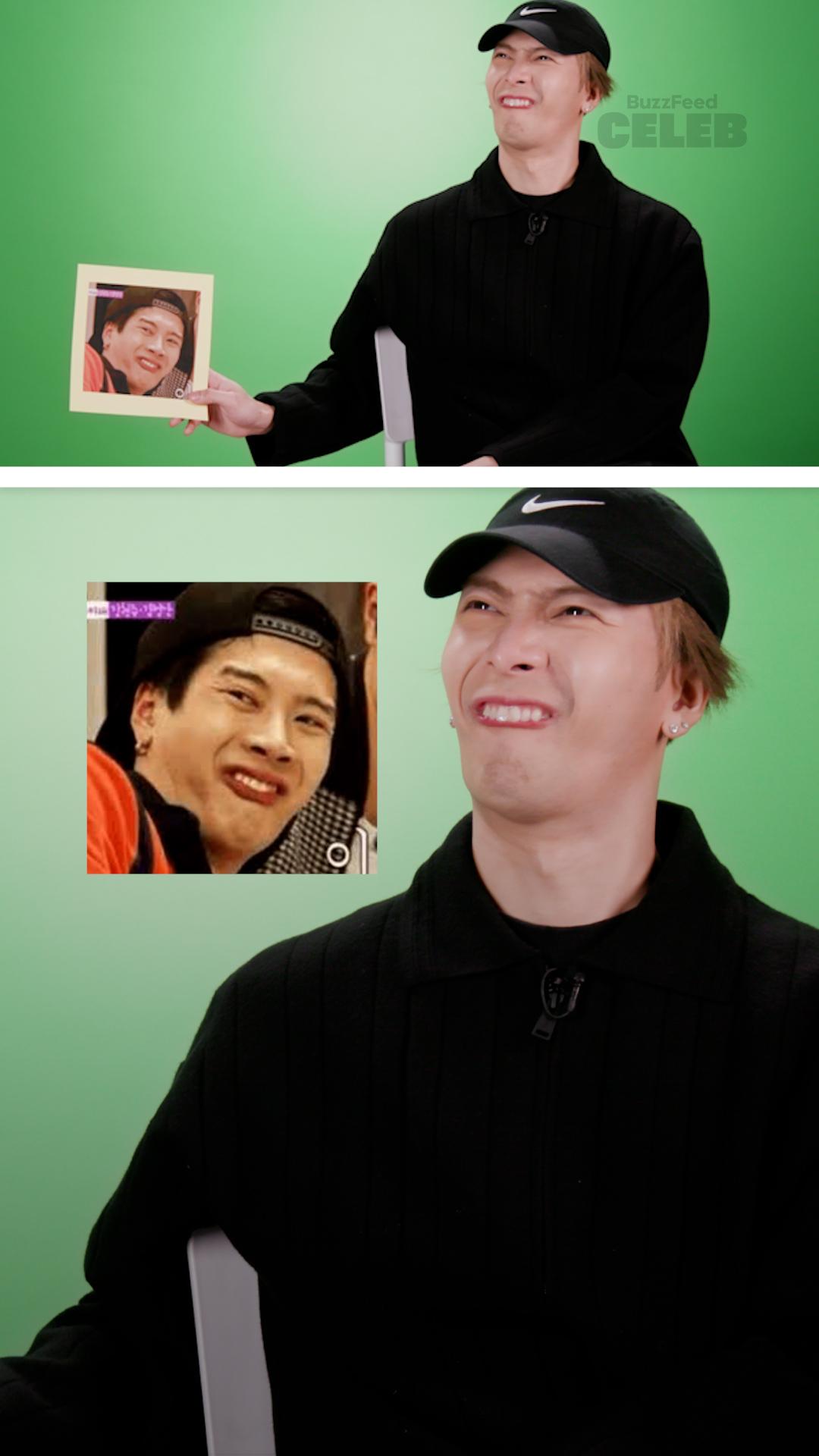 Jackson Wang sits in between old photos of himself making funny faces. The title reads, "First Times."