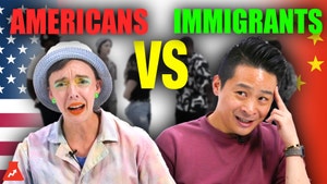 BuzzFeed video thumbnail titled “Americans vs Immigrants.” It shows two teams—Americans with U.S. flags above them and immigrants with flags from Trinidad and Tobago, China, and Russia—facing off in a game-show style setup.