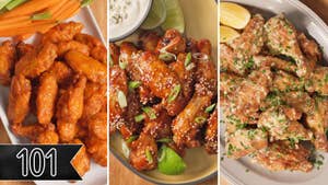 Three images of chicken wings in different sauces are arranged vertically together, with a banner reading "101" across the bottom left corner. One photo shows buffalo wings with carrot and celery sticks; the second photo shows glazed wings with sesame seeds, sliced scallions, and a side of lime wedges and white sauce; and the third photo shows creamy coated wings with green herbs next to lemon wedges.