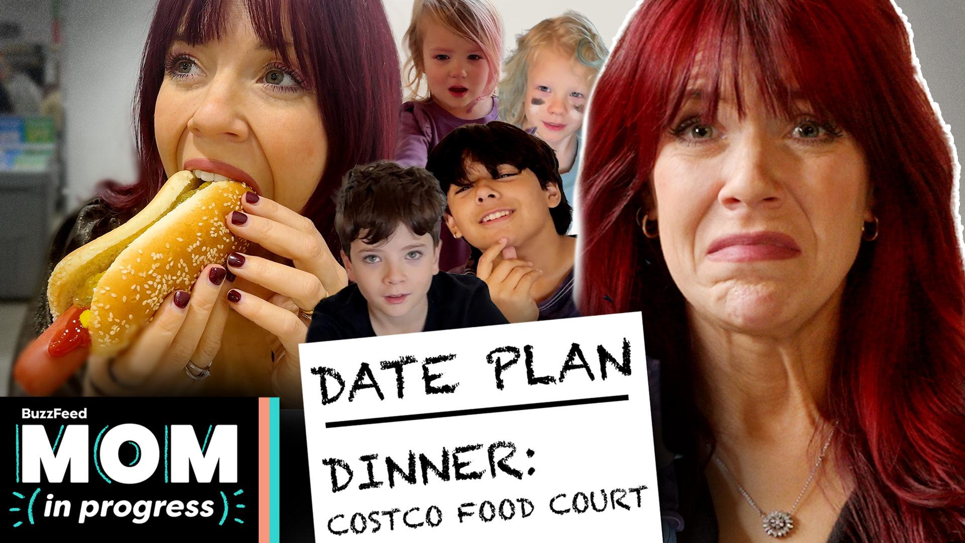 Date Plan, Dinner: Costco Food Court. Hannah eat a hot dog and makes a face at camera with kids in the background. MIP logo in the bottom lefthand corner. 