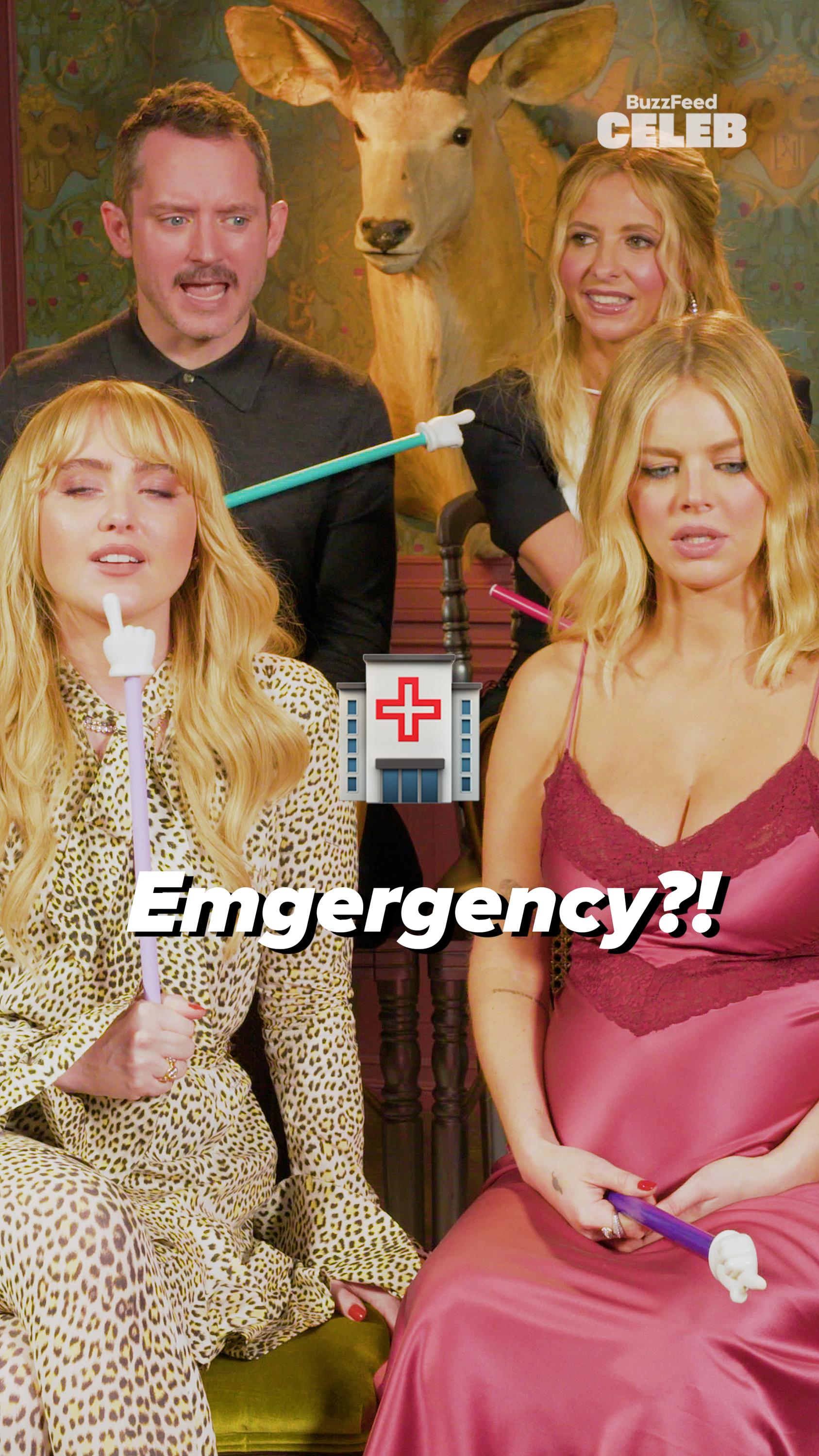 The cast of "Ready or Not 2: Here I Come" are seen in front of a white background with the the text of the film's name seen on the bottom left. 