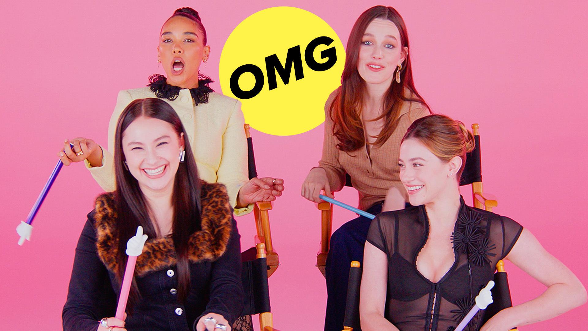 Four cast members from "Forbidden Fruits" sit in front of a pink background with a yellow button in the middle that says "OMG".