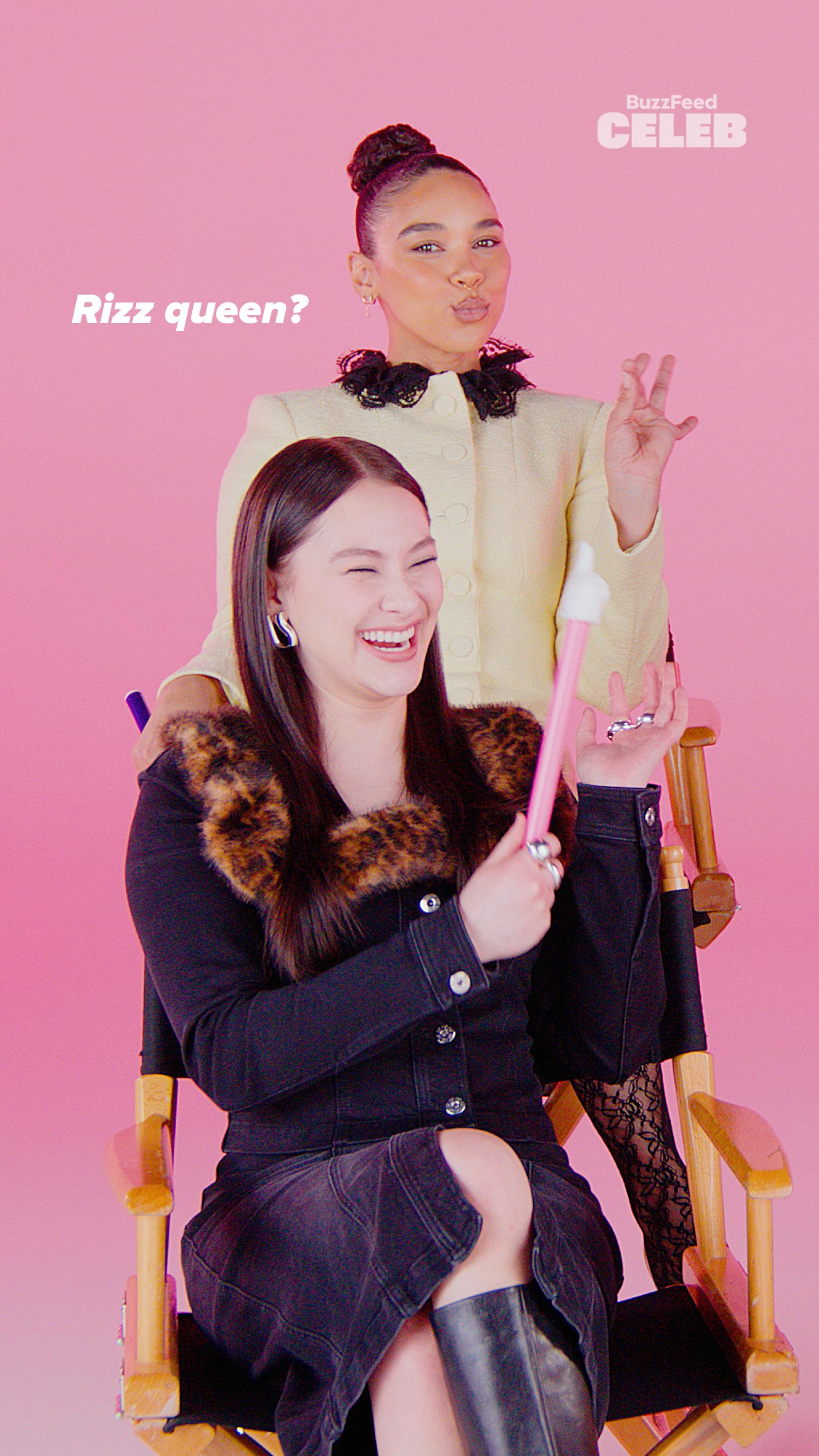 Four cast members from "Forbidden Fruits" sit in front of a pink background with a yellow button in the middle that says "OMG".