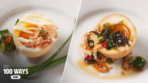 side by side korean kayak eggs topped with mayo, chives, crispy garlic, and chili crisp