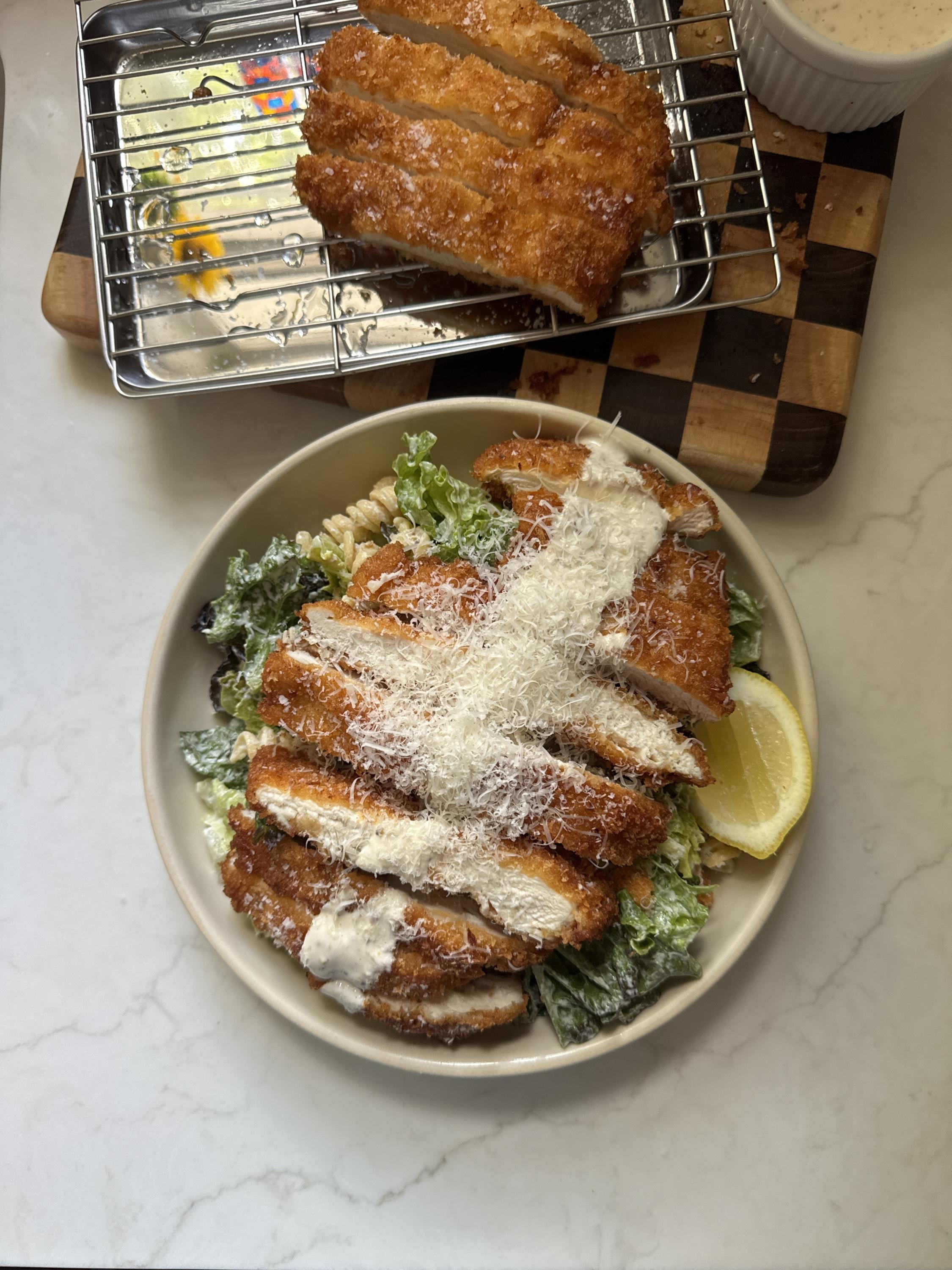 Caesar Pasta Salad With Fried Chicken