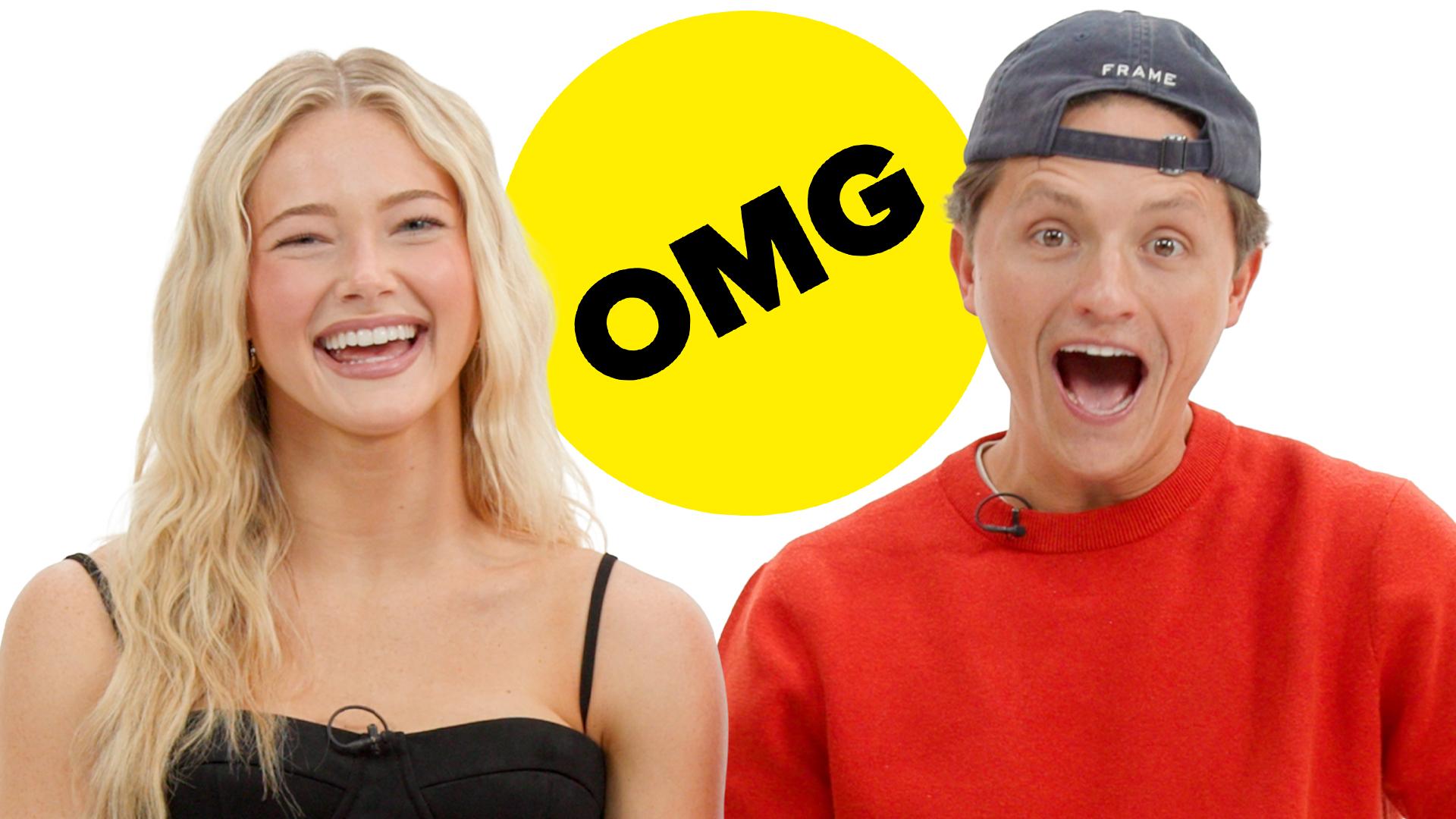 Rylee Arnold and Connor Wood sit in front of white background with a yellow circle between them that says "OMG."