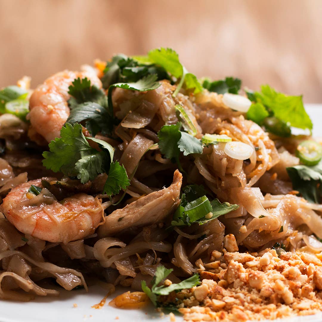 Thai Style Chicken And Prawn Fried Noodles Pad Thai Recipe By Tasty