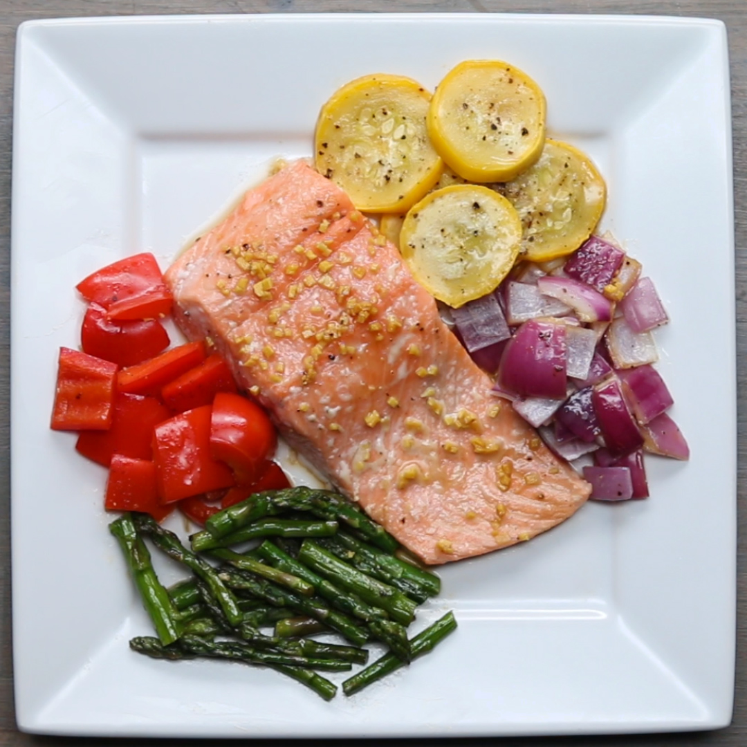 One Pan Salmon And Rainbow Veggies Recipe By Tasty