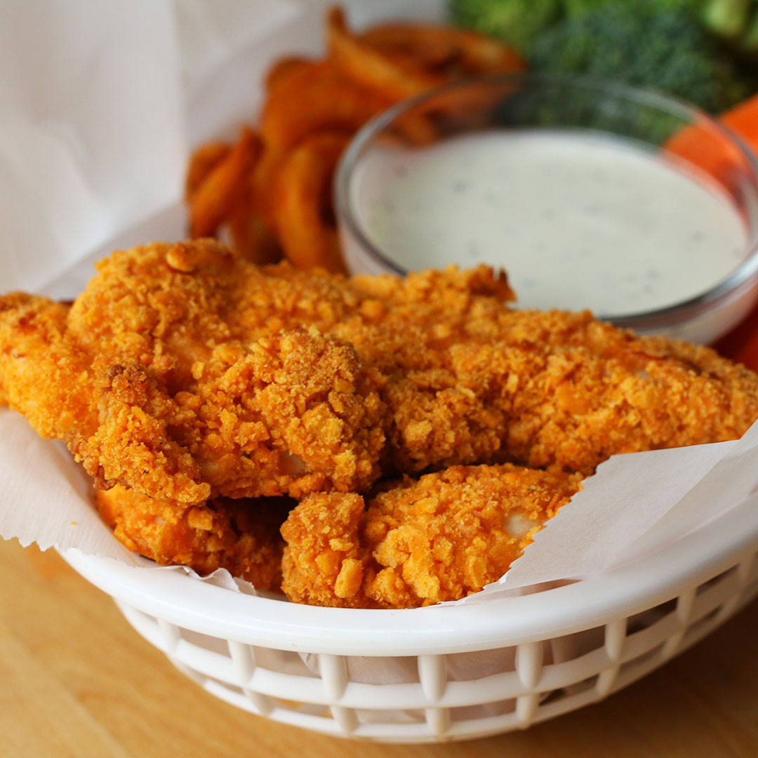 Fried Chicken Strips With Homemade Ranch Dressing And Veggie Sticks ...