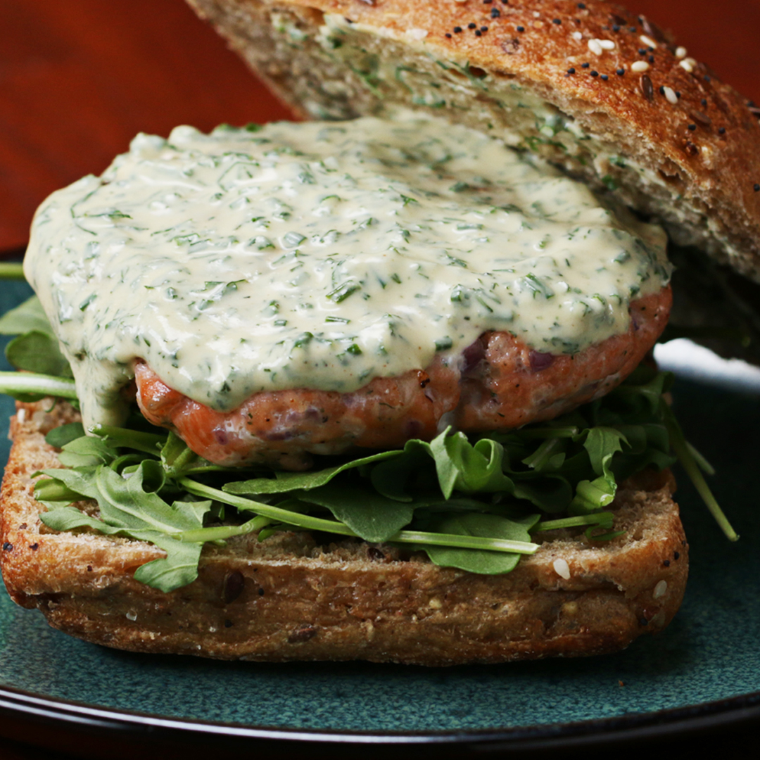 Easy Salmon Burgers With Dill Honey-Mustard, Horseradish, and